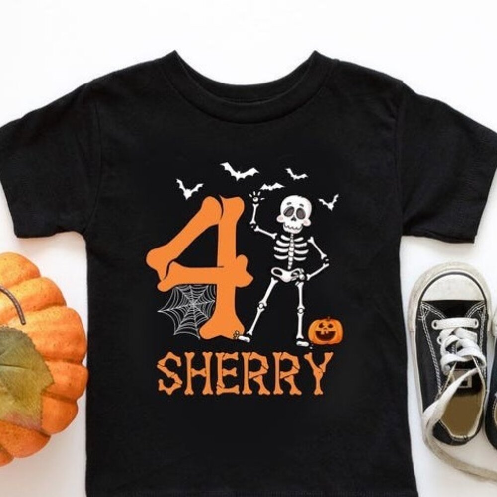 Halloween Skeleton Birthday Shirt, Custom Kids Birthday With Name Tee